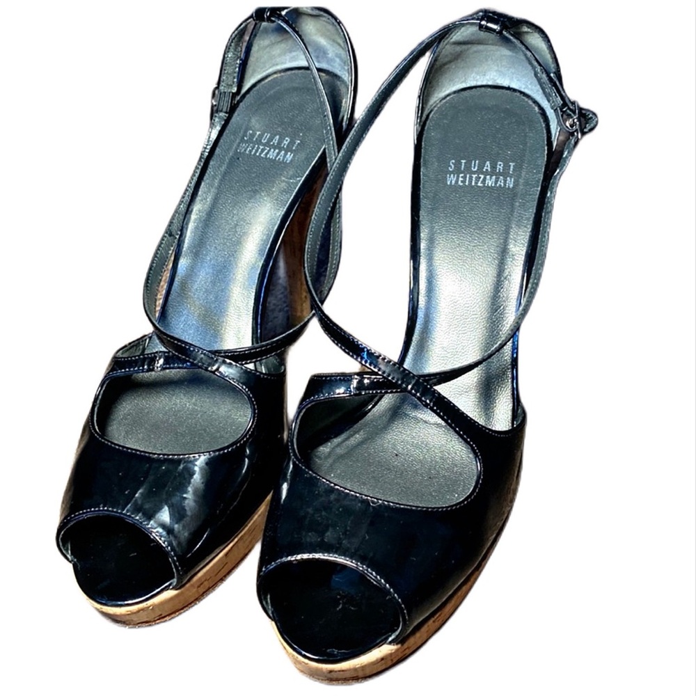 Stuart Weitzman cork heels and platform shoes black size 7 1/2-M patent leather